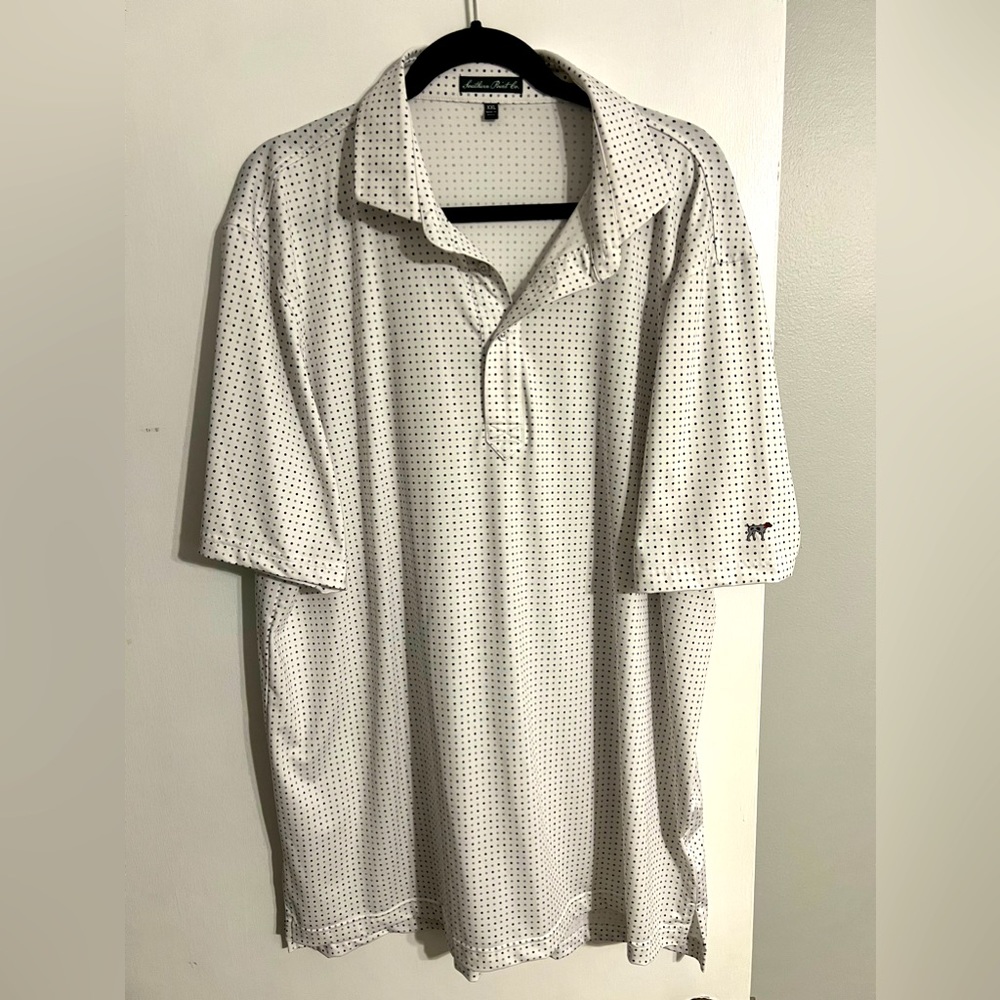 Never work white polka dot Southern Point Co polo